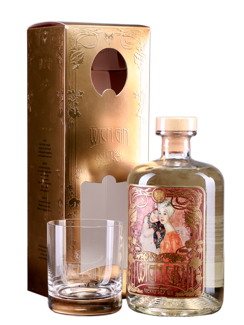 Wien Gin Gustav Klimt Edition mit Glas im Geschenkkarton von KESSELBRÜDER aus Österreich